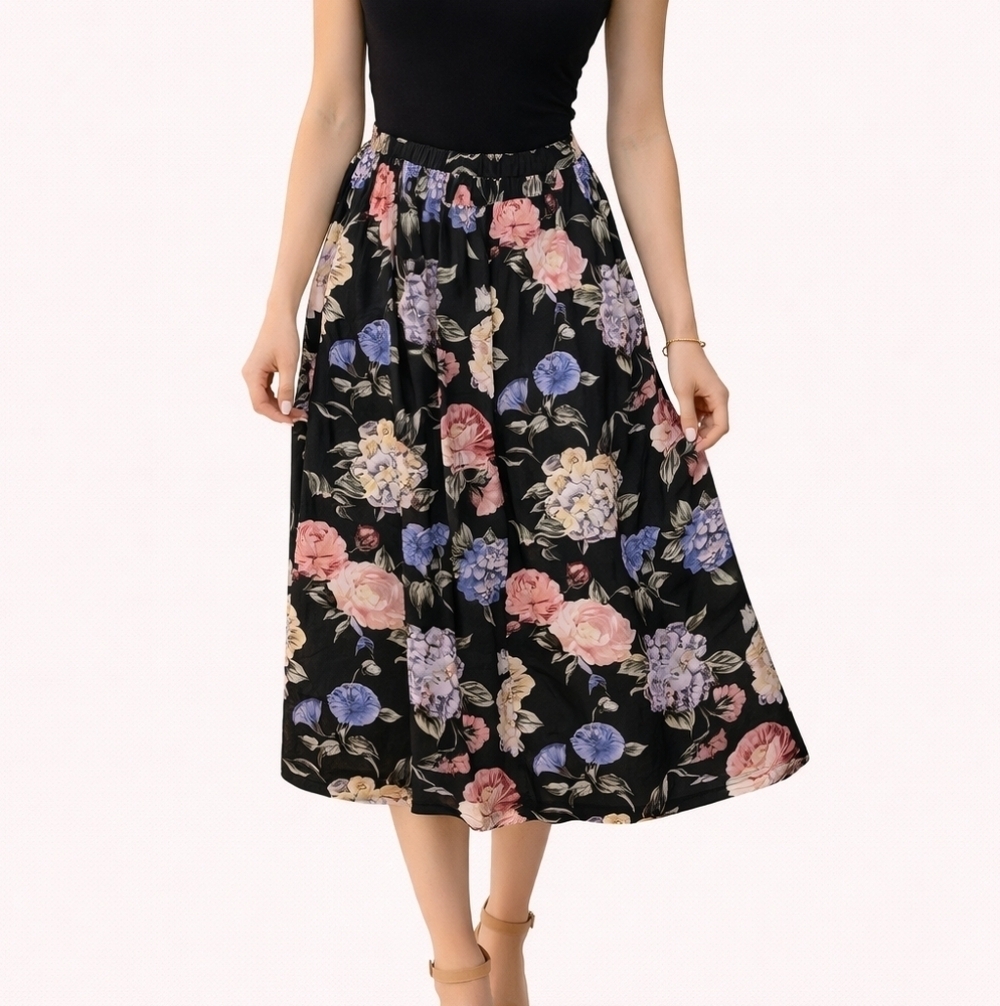 VTG Leslie Fay 1970s Impressionist Floral Satin Maxi Skirt Size 12